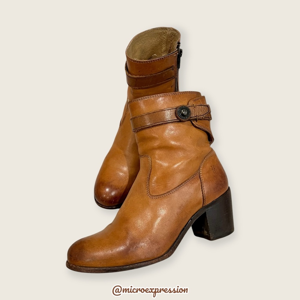 $369 Frye Malorie Button Tan Brown Real Leather Fall Winter Comfy Ankle Bootie - Picture 6 of 14